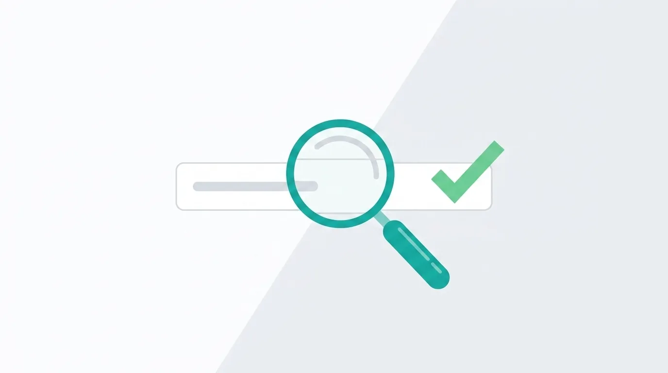 A magnifying glass inspecting a search bar to verify trademark safety