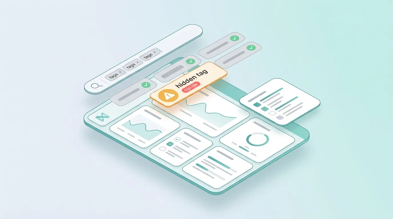 Abstract 3D illustration showing a warning icon next to a hidden Etsy tag, representing trademark risk.