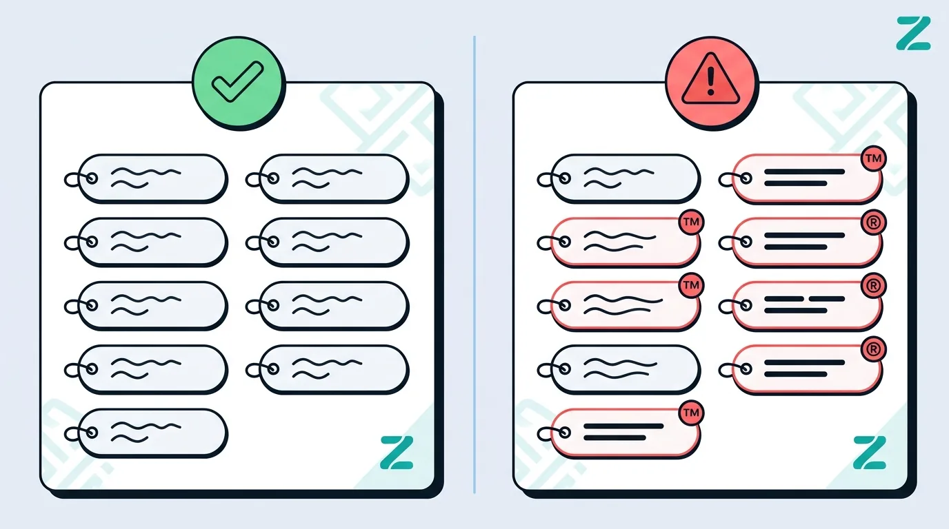 Split screen graphic showing a green checkmark for safe tags and a red warning sign for trademarked brand names in tags.