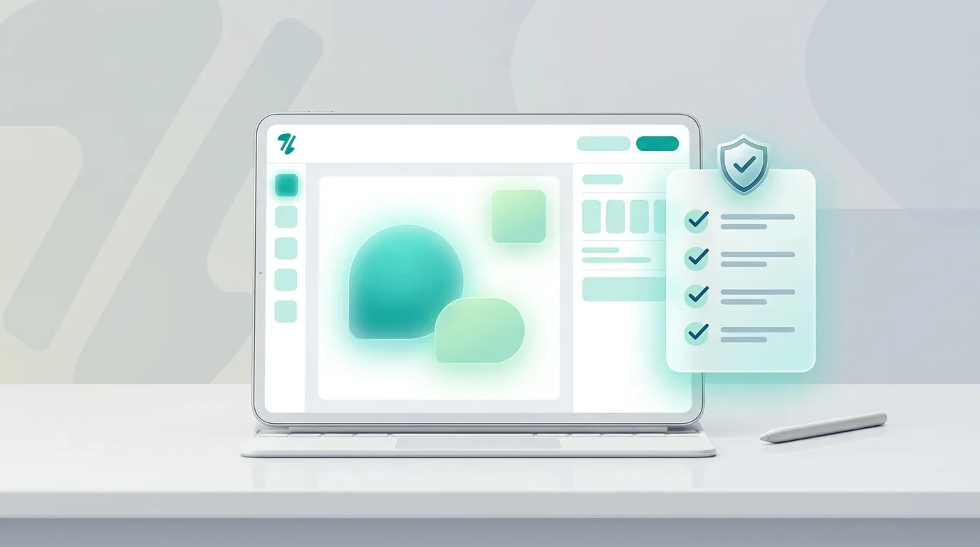 A digital tablet displaying a design interface next to a compliance checklist for Etsy sellers.
