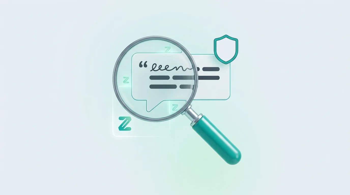 3D illustration of a magnifying glass inspecting a text bubble for trademark compliance