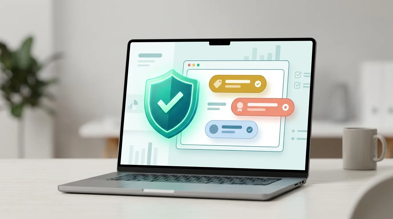 3D illustration of an e-commerce dashboard with a security shield scanning product tags