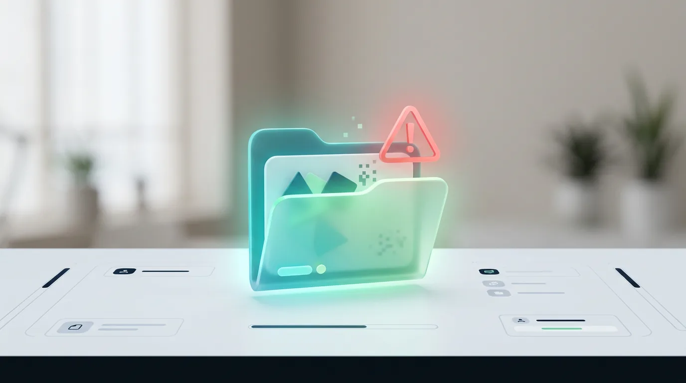 A glowing digital download folder with a warning symbol, illustrating the risks of commercial design assets.