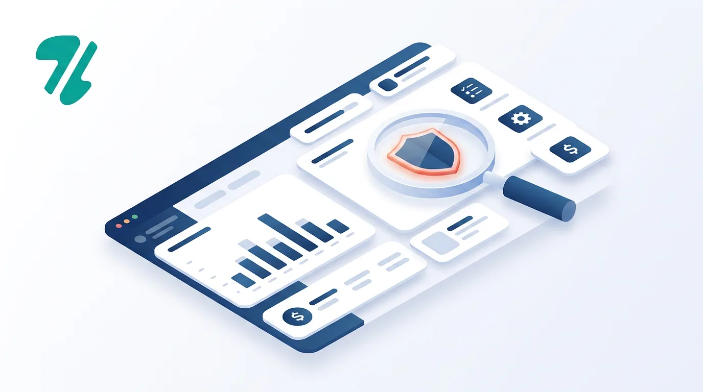 A magnifying glass inspecting a digital ad campaign dashboard with a warning shield icon.