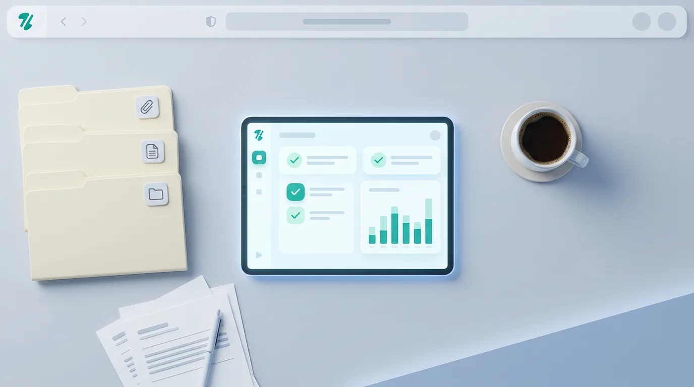 A neatly organized desk with a digital tablet showing a green checkmark and physical file folders representing an Etsy...