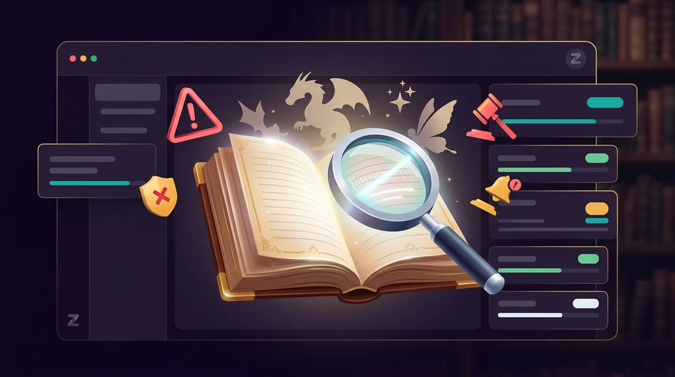 A glowing open book being scanned by a magnifying glass and warning icons, representing Etsy BookTok IP risk.