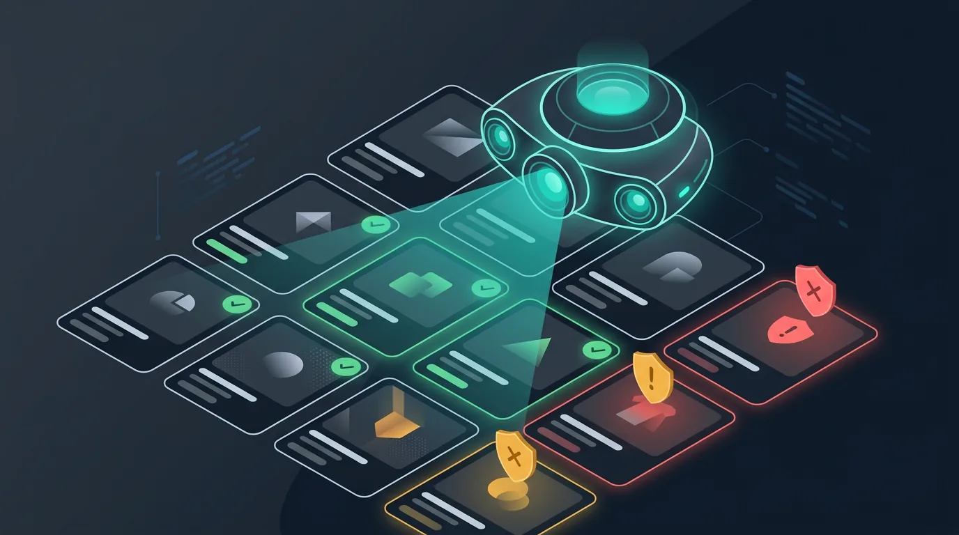 Illustration of an AI robot scanning an e-commerce storefront for IP risks