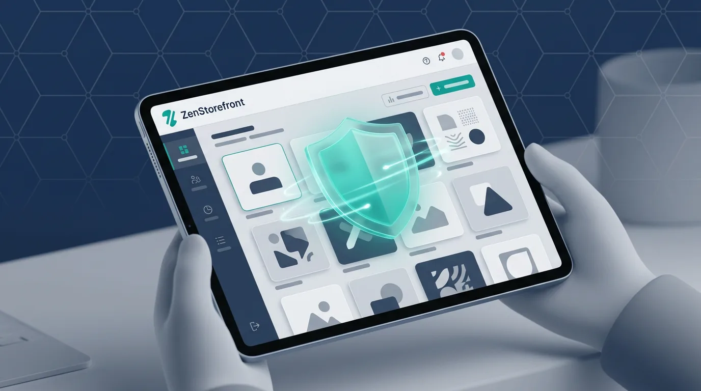 A modern tablet displaying a grid of digital design templates shielded by a security icon