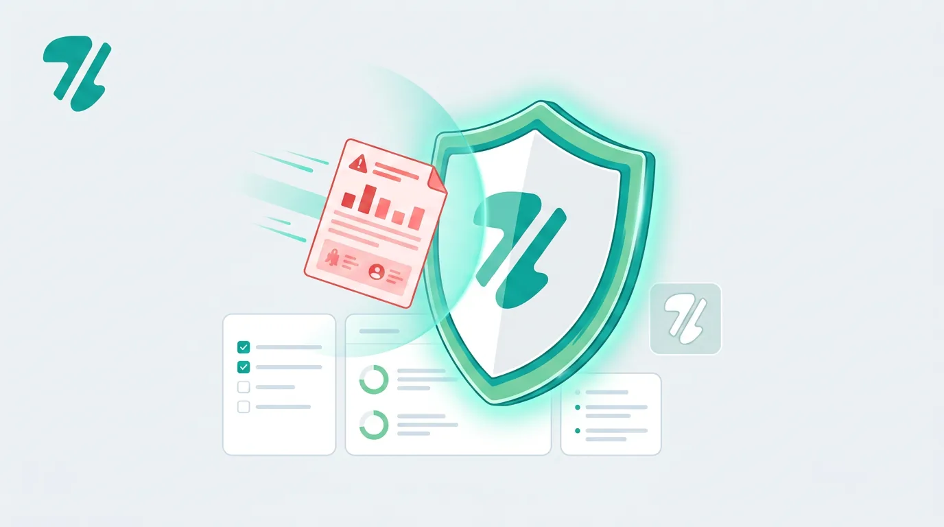 A digital shield deflecting a warning document, representing protection against Etsy competitor IP abuse.