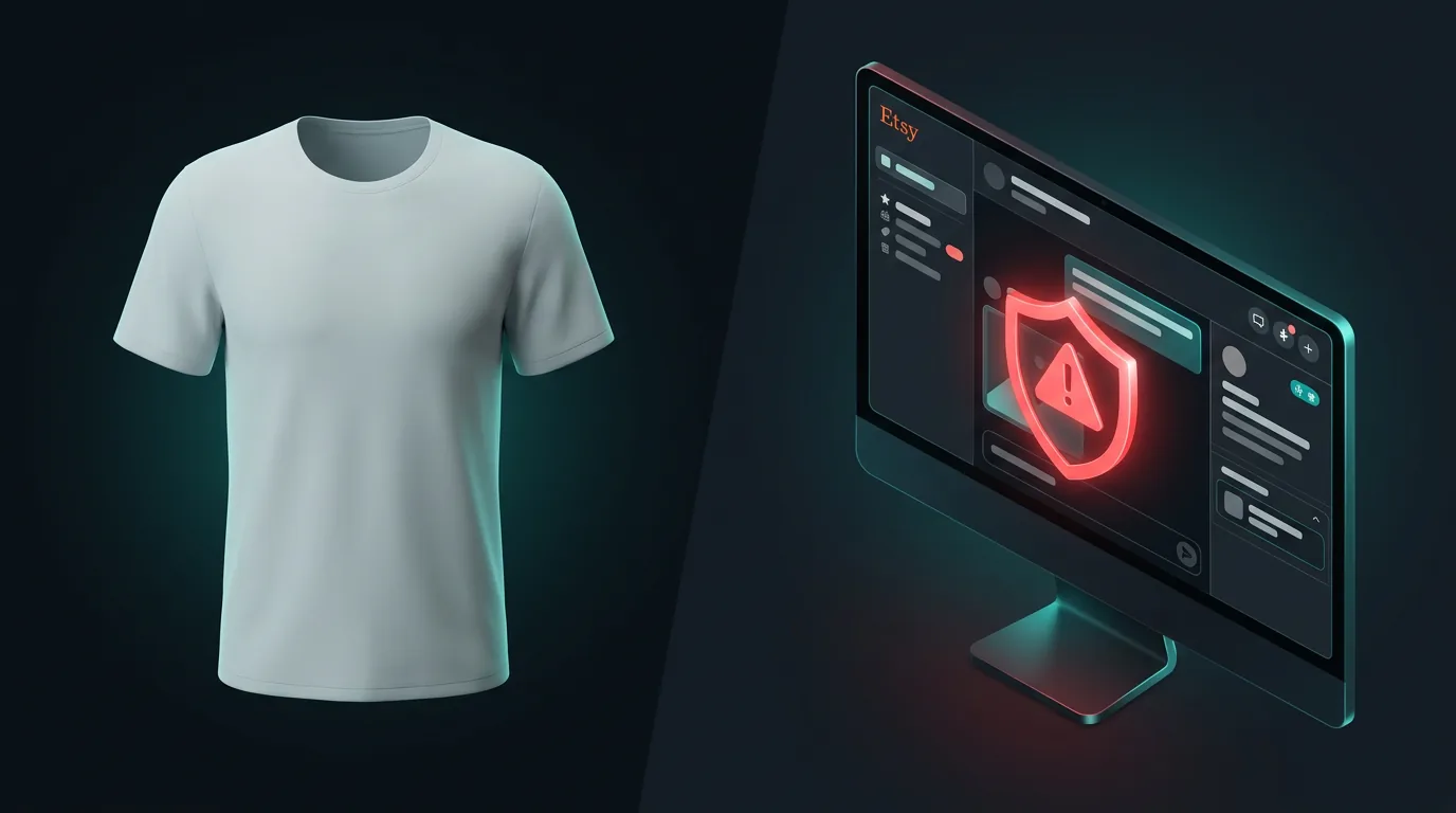 A blank t-shirt next to a digital upload interface with a warning shield, representing Etsy custom order copyright risks.