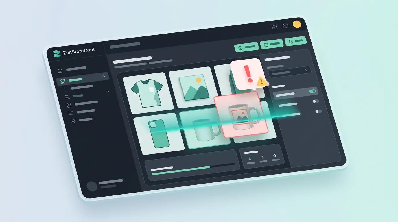 A digital scanner passing over a grid of custom product photos to detect hidden trademark risks.