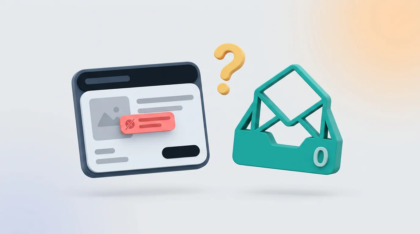 Conceptual illustration of an empty email inbox next to a deactivated digital storefront listing