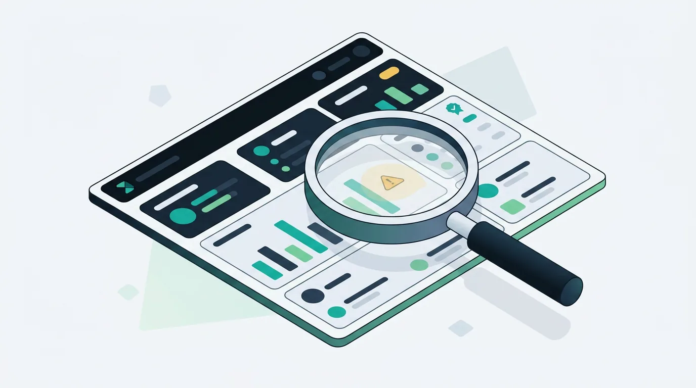 Magnifying glass inspecting a stylized dashboard interface with a subtle alert icon