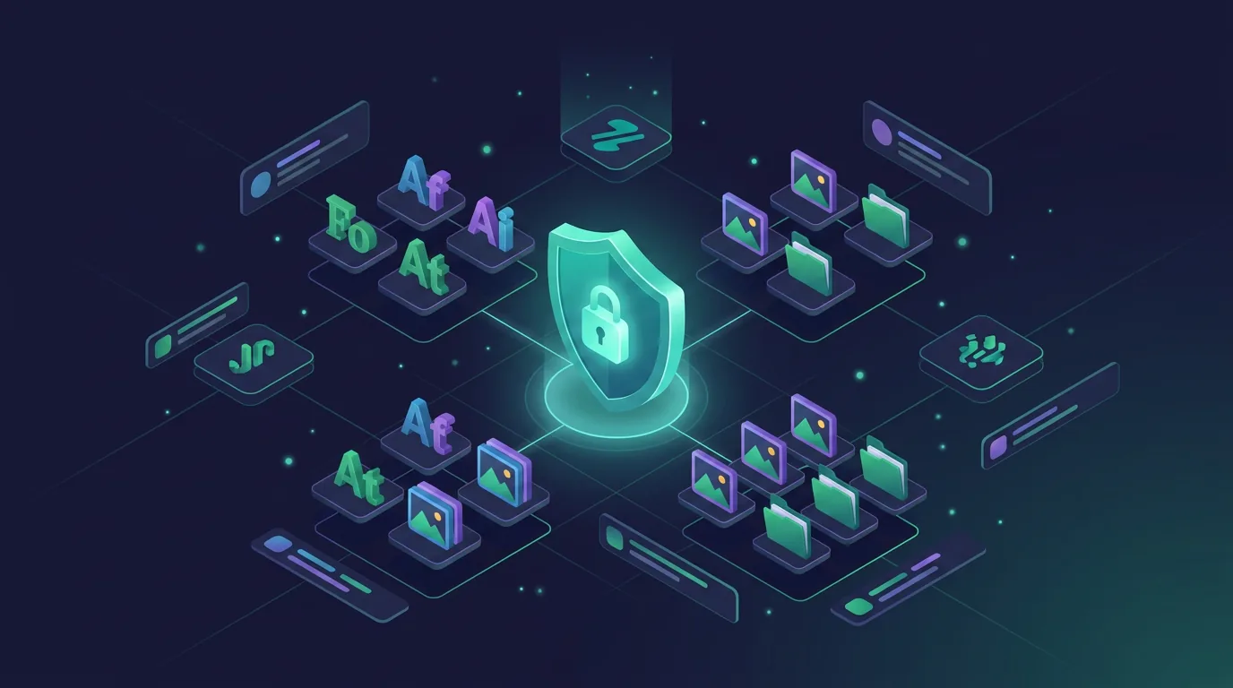 3D illustration of digital files, fonts, and graphics protected by a glowing security shield