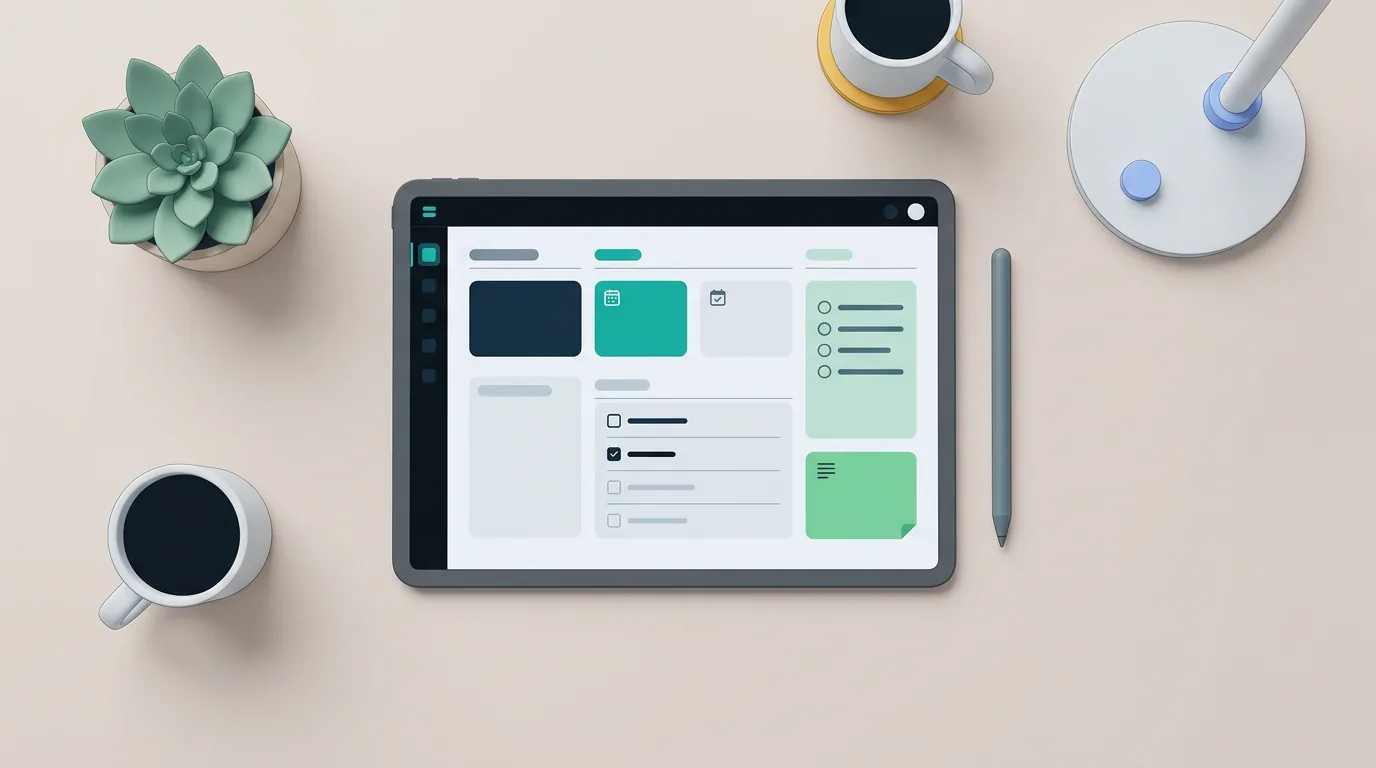 A generic digital tablet showing a blank planner interface surrounded by aesthetic desk items