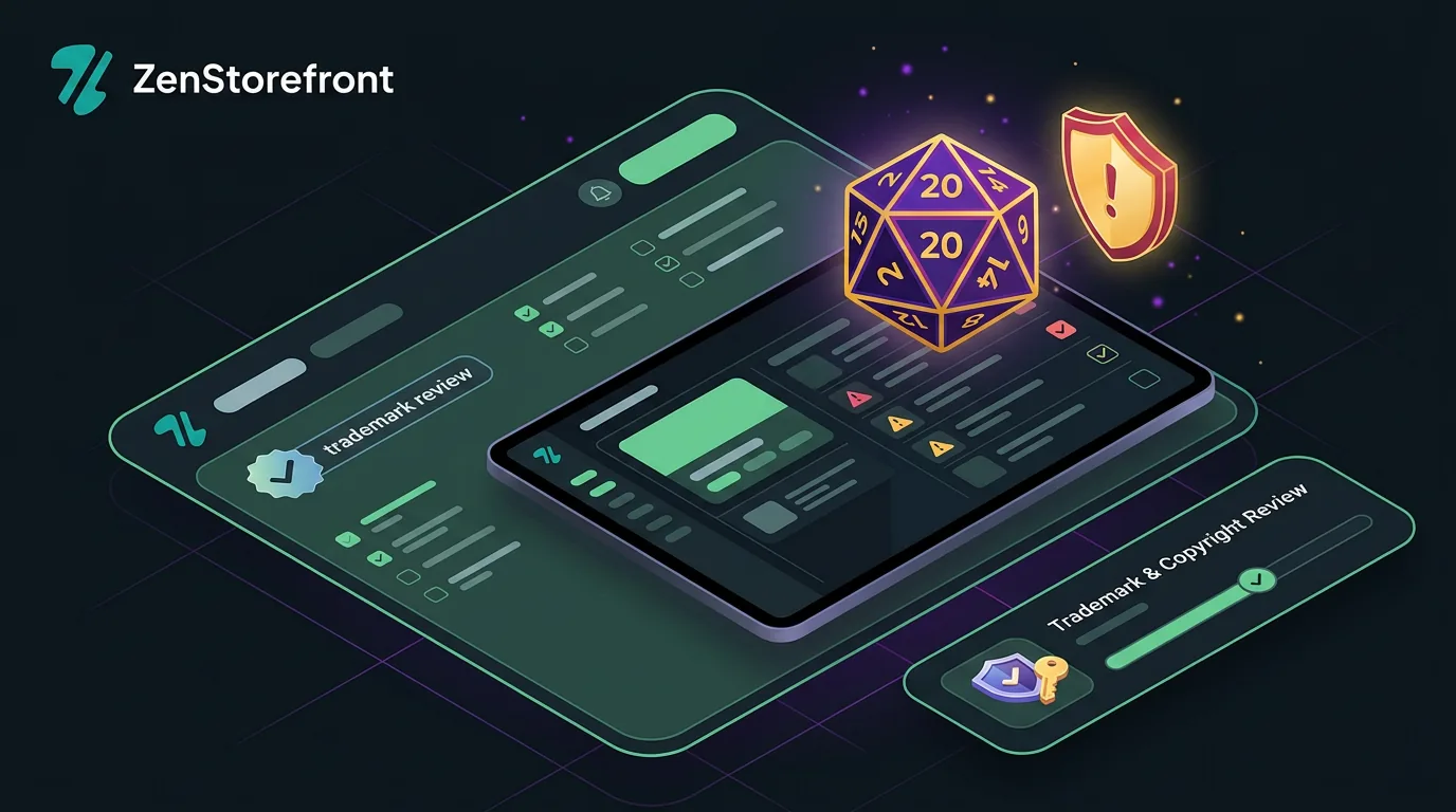 A glowing 20-sided die next to a digital warning shield representing tabletop RPG trademark risks on Etsy.