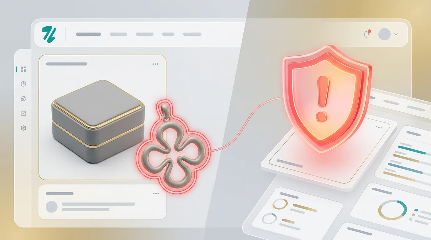 A glowing warning shield next to a generic jewelry box, symbolizing luxury brand trademark risks on Etsy.