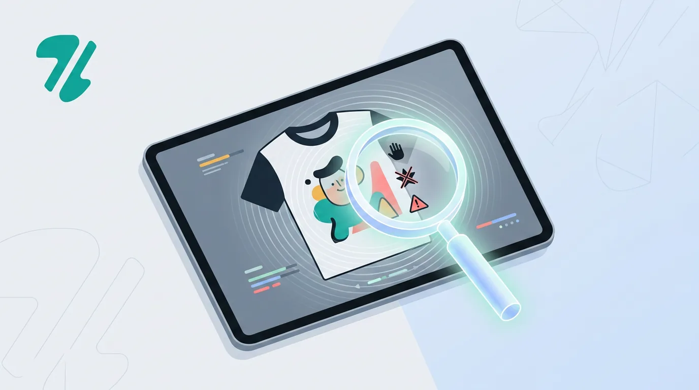 A magnifying glass inspecting a humorous graphic t-shirt design for hidden intellectual property risks