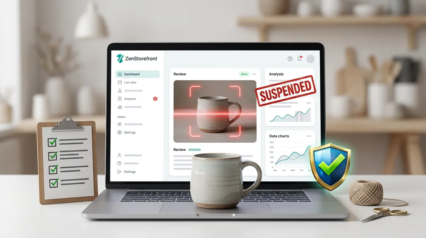 A glowing digital scanner analyzing a handmade ceramic mug on a craft desk