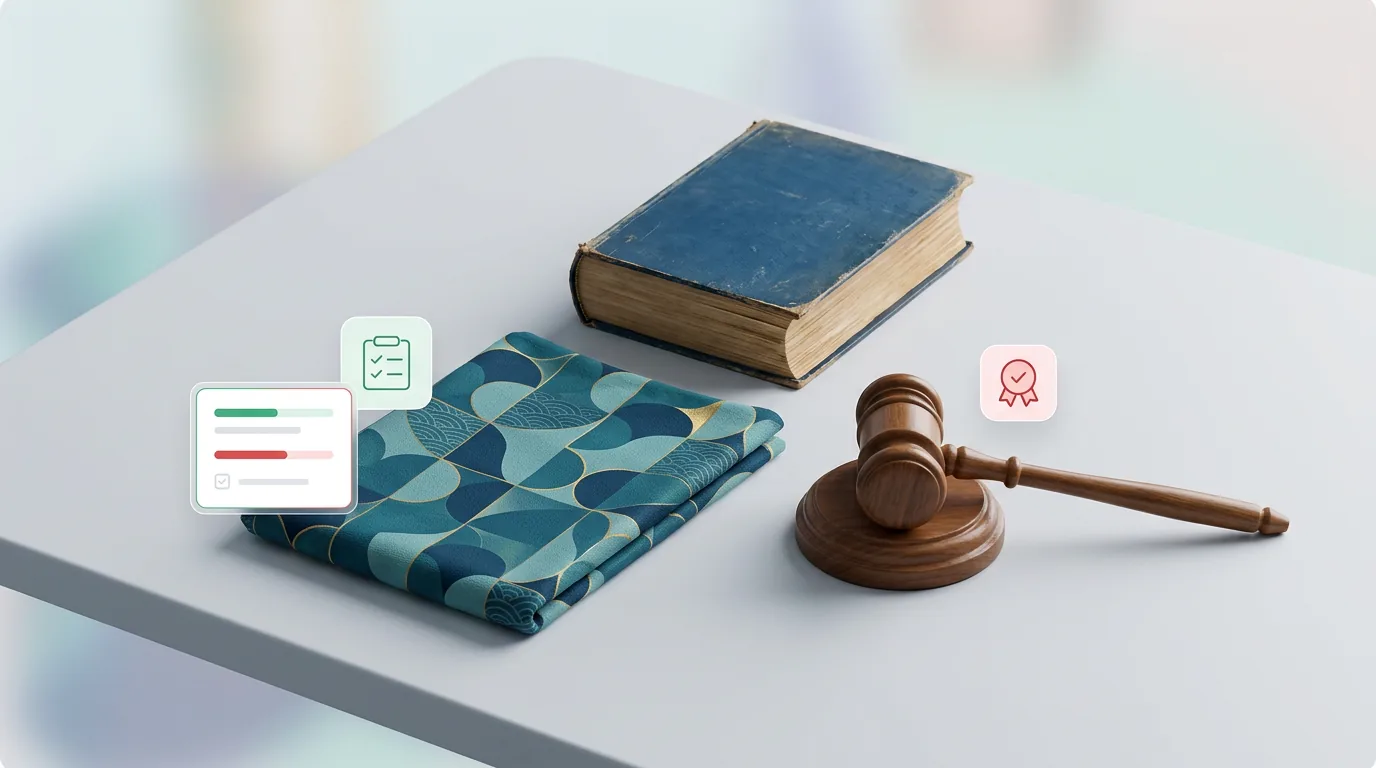 Vintage book, folded fabric, and legal gavel representing the Etsy First Sale Doctrine