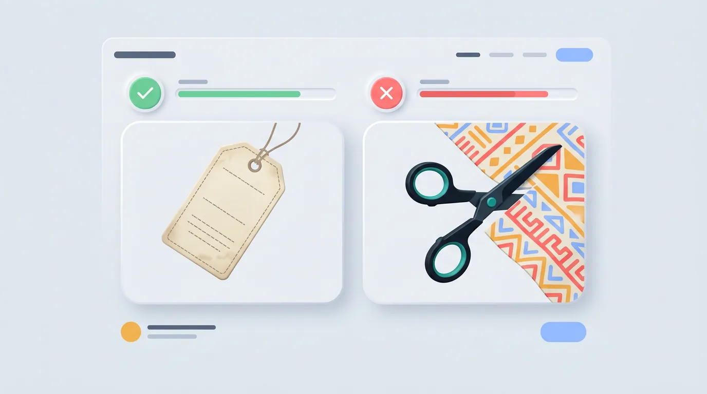 Comparison showing an allowed vintage tag versus prohibited scissors cutting licensed fabric