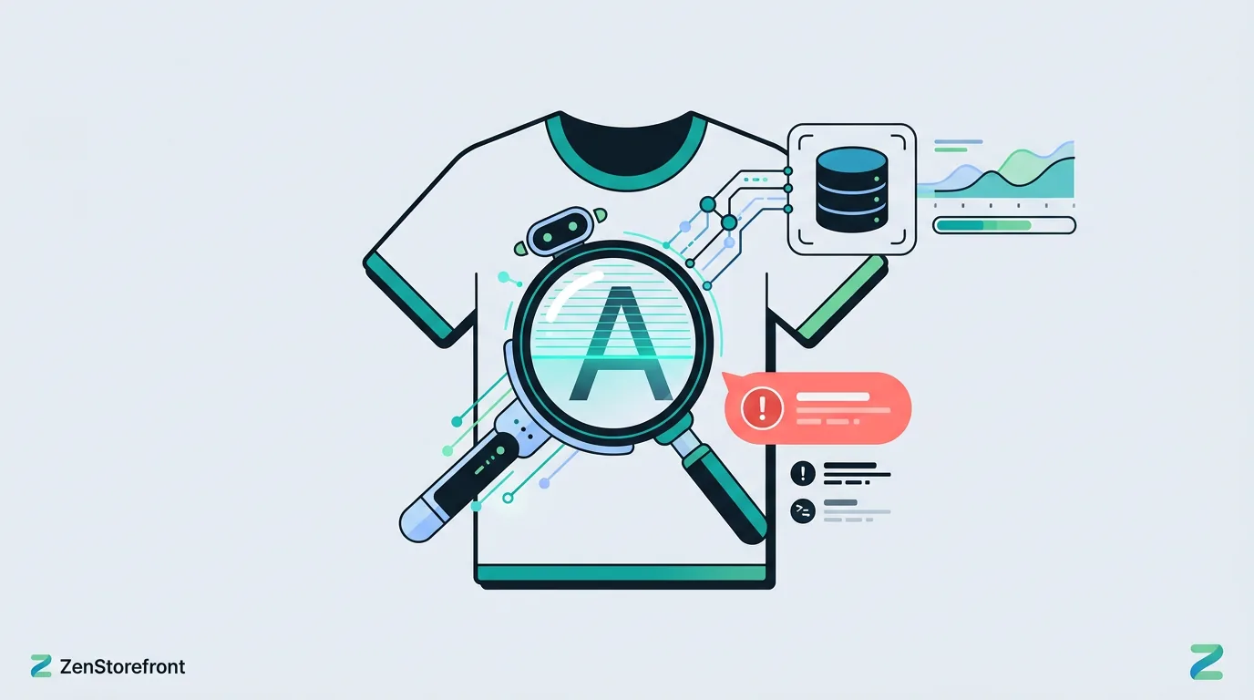 Illustration of an AI bot scanning a t-shirt design for copyrighted fonts.