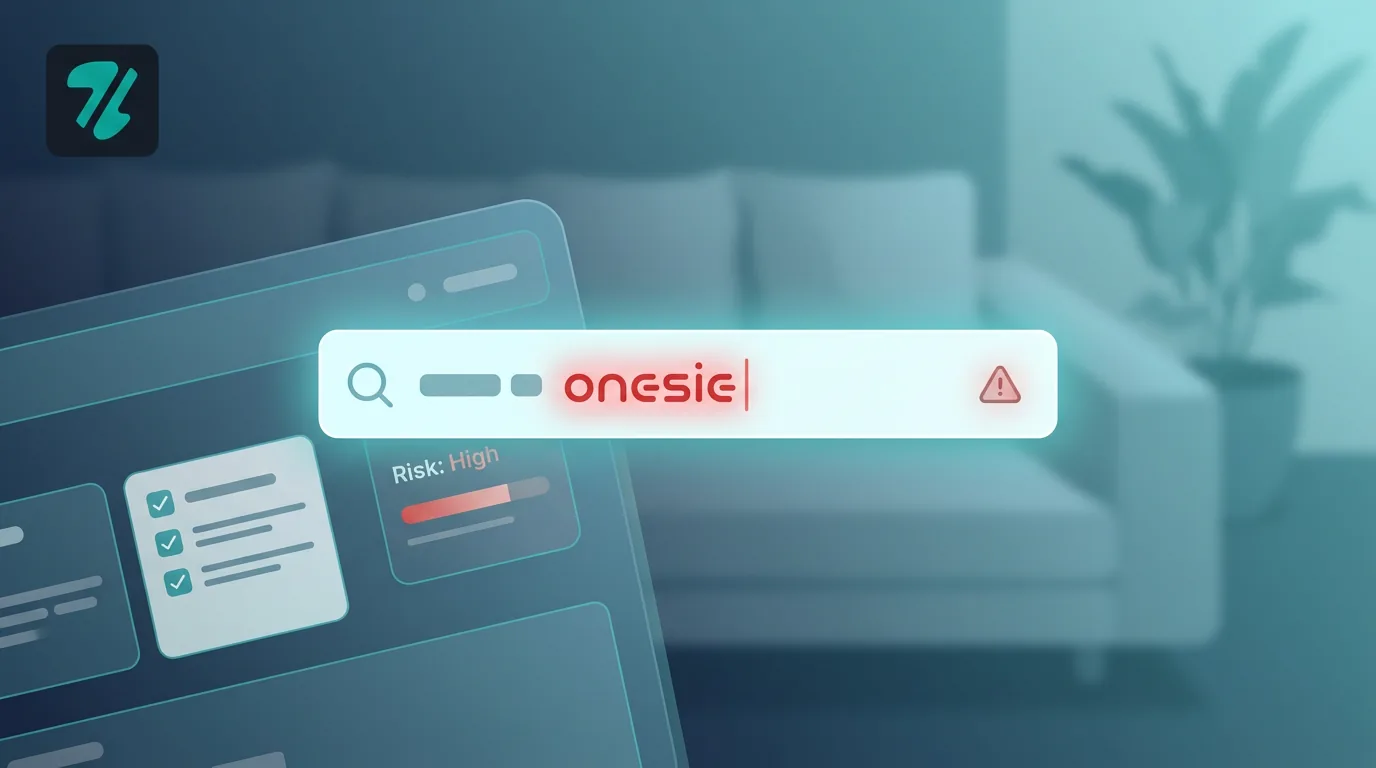 A glowing search bar highlighting the word Onesie in red with a warning icon, illustrating Etsy trademark risks.