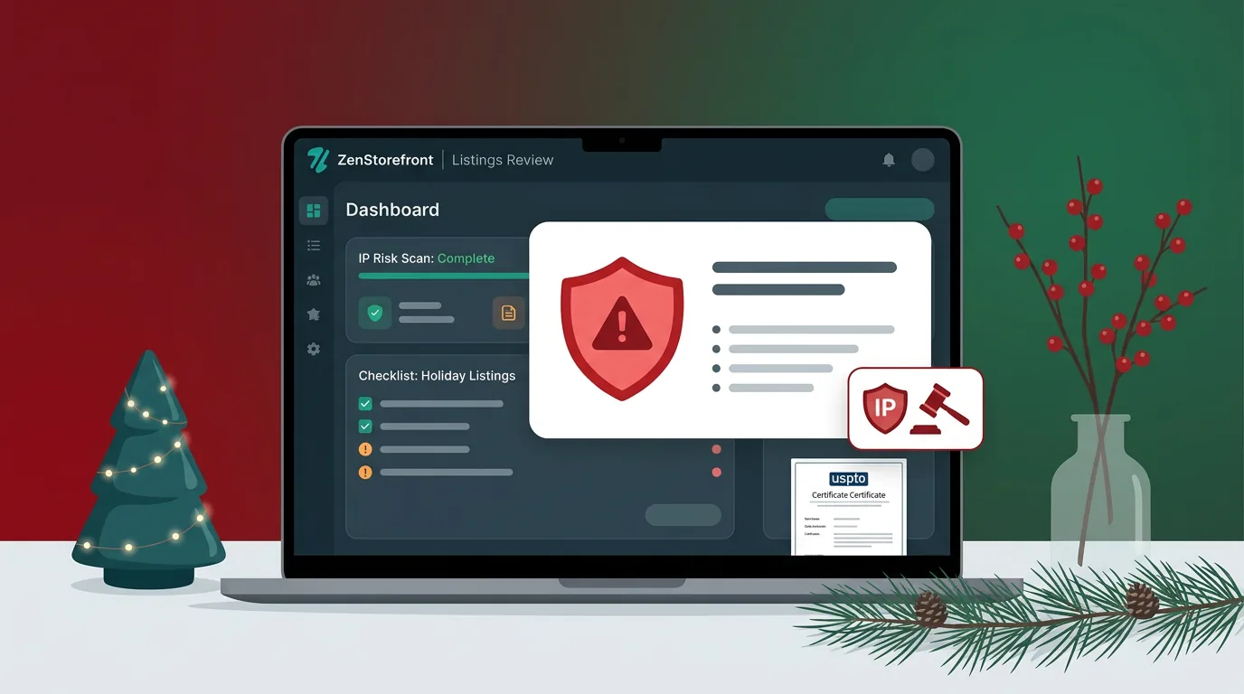 Etsy seller laptop showing a holiday trademark warning next to festive decor