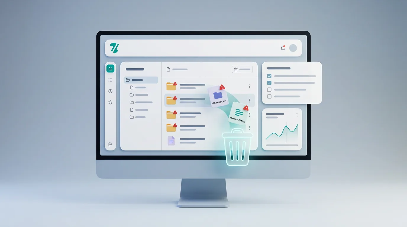 A digital dashboard showing a trash can icon deleting files labeled inactive and sold out