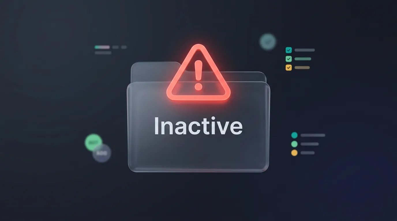 3D minimalist illustration of a digital file folder labeled Inactive glowing with a warning sign