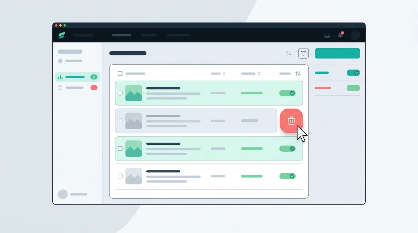Abstract UI mockup showing a cursor clicking a delete button on a deactivated list item
