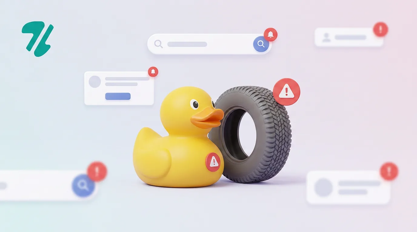 A yellow rubber duck next to an off-road tire and a warning symbol illustrating Etsy trademark risks