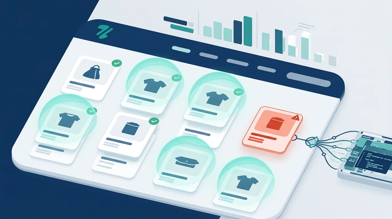 Dashboard illustration showing one risky listing being isolated from a safe batch of products