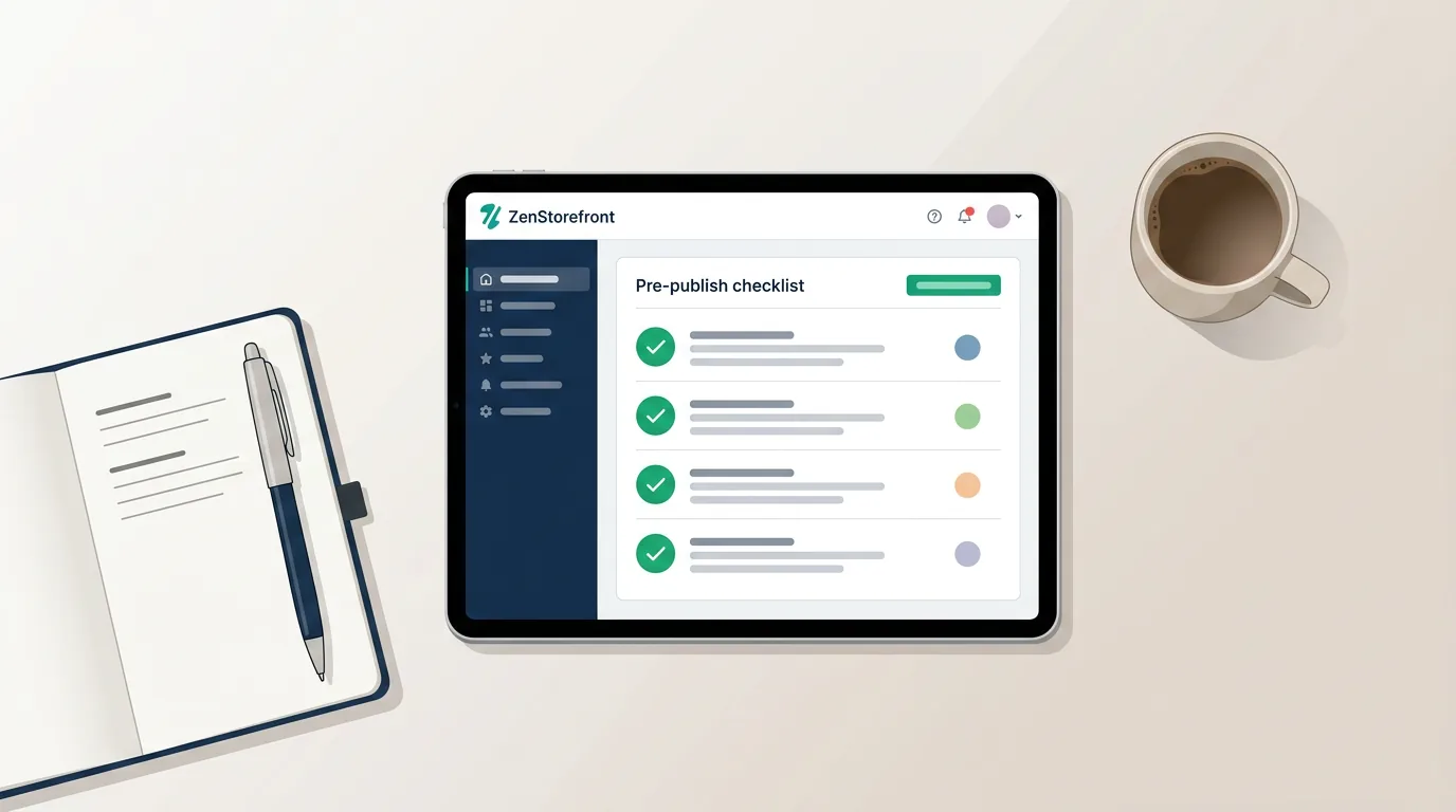 A digital tablet displaying a clean pre-publish IP audit checklist with green checkmarks next to a notebook