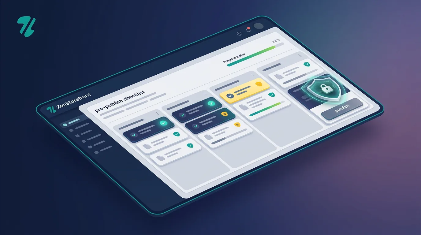 A digital dashboard showing a pre-publish checklist and security scan for an online listing