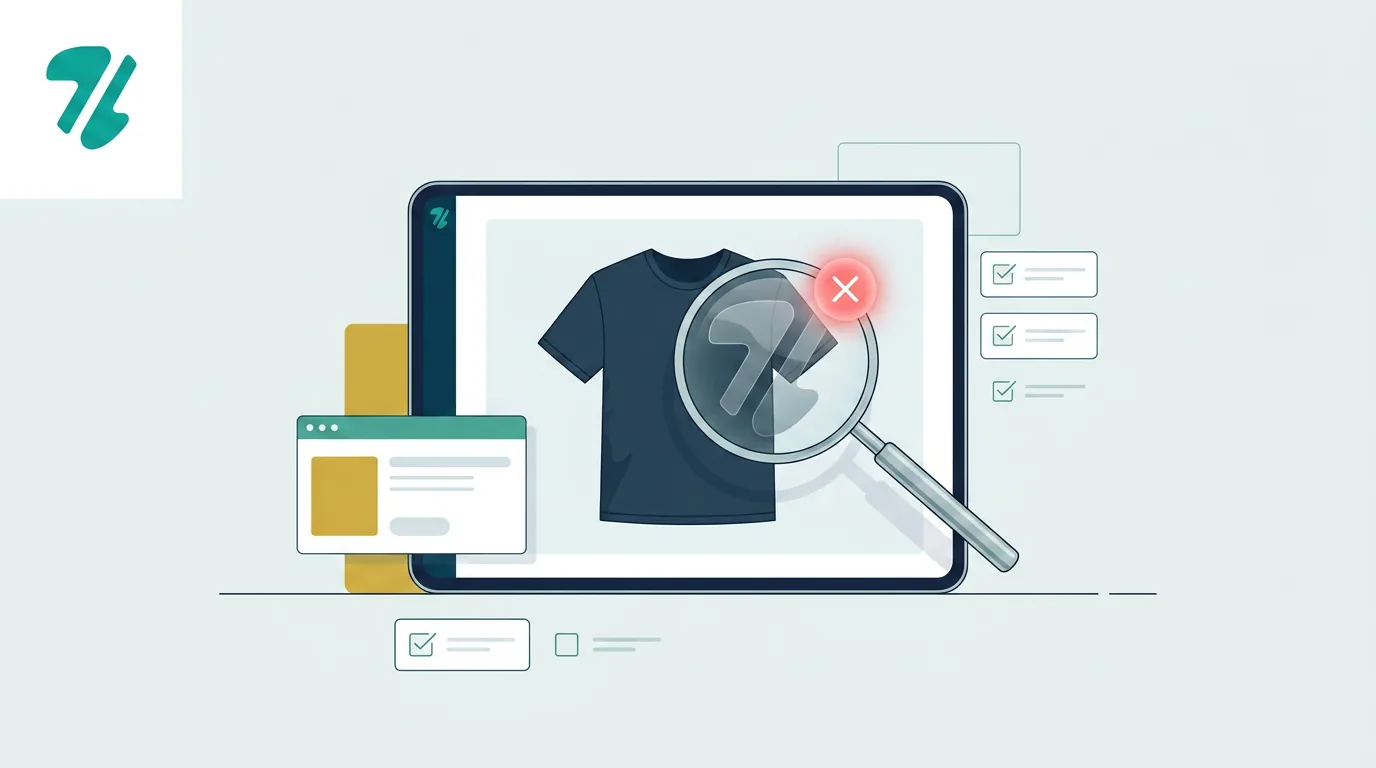 A digital tablet displaying a t-shirt mockup being scanned by a magnifying glass for hidden trademark risks.