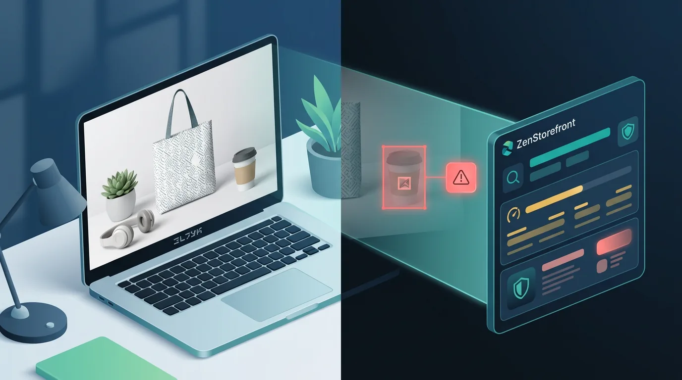 A digital scan highlighting a hidden logo on a background prop in an e-commerce mockup