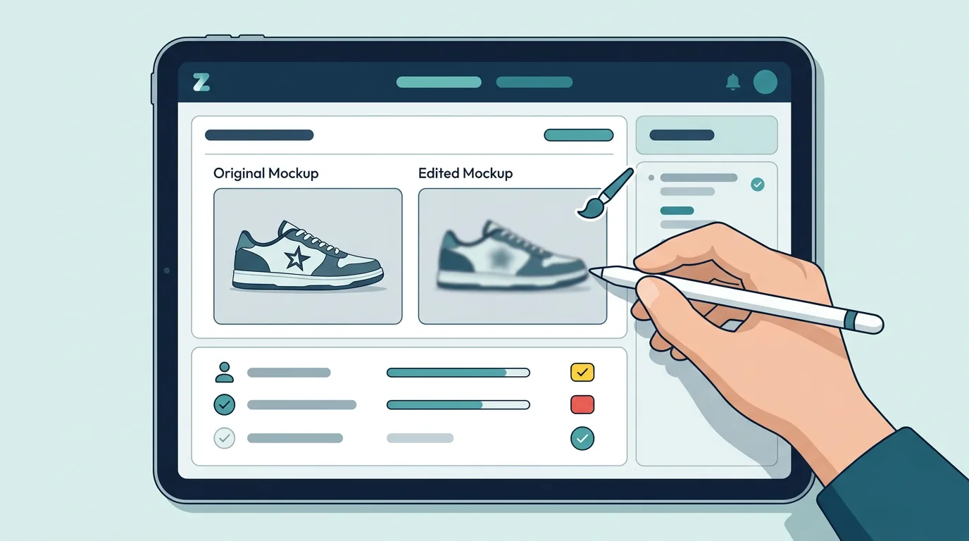 A digital interface showing a tool blurring out a logo on a sneaker mockup