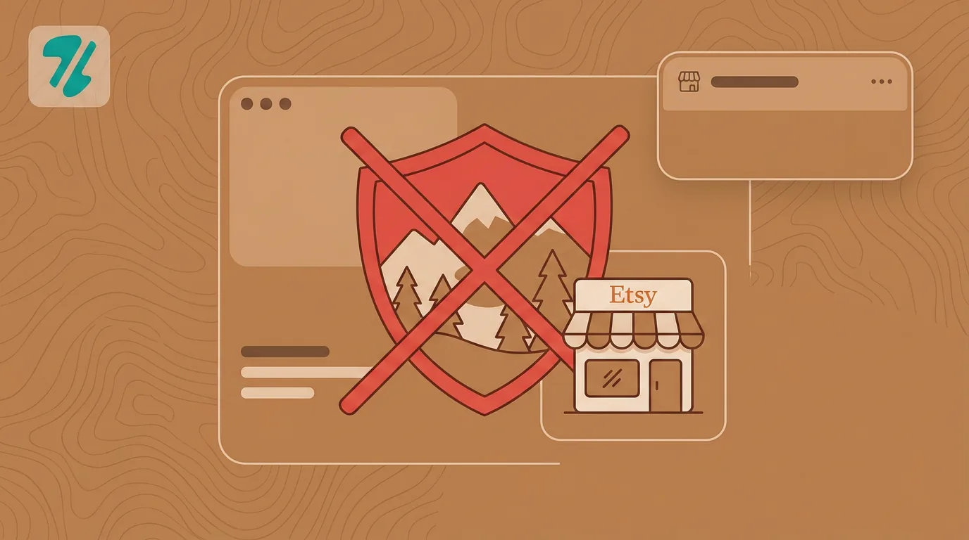 A minimalist illustration of a mountain landscape inside a crossed-out shield shape, representing National Park trademark...