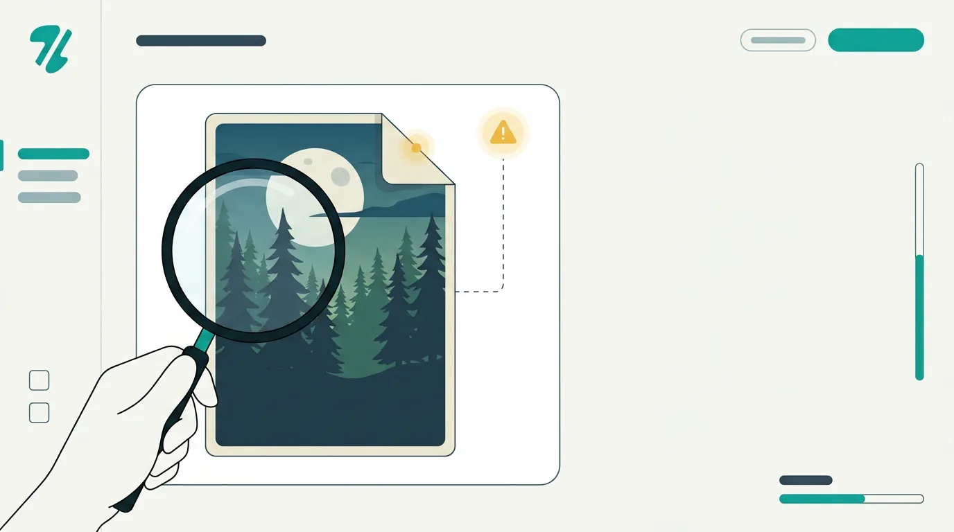 An illustration of a magnifying glass inspecting a vintage outdoor poster for hidden trademarked logos.
