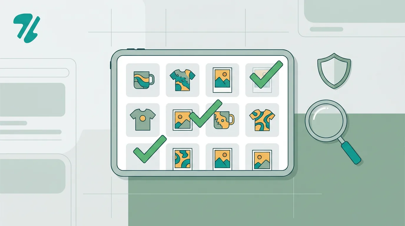 Etsy niche IP validation workflow showing a seller checking trademarks before batch designing