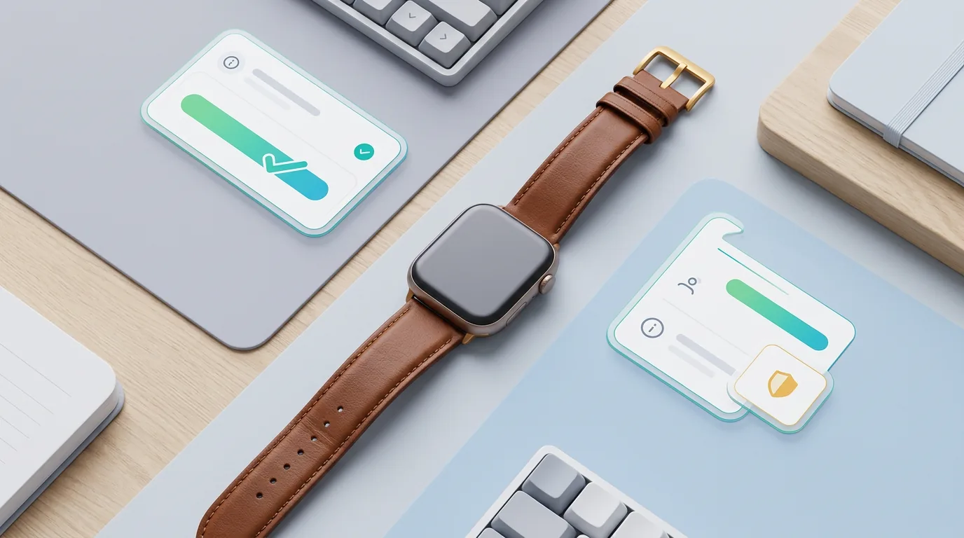 A clean, top-down view of a leather watch band being attached to an unbranded smartwatch, symbolizing accessory...
