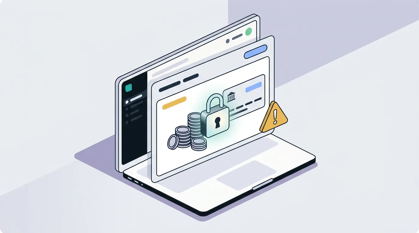 Etsy seller looking stressed at a laptop with a payment reserve notification and locked funds icon