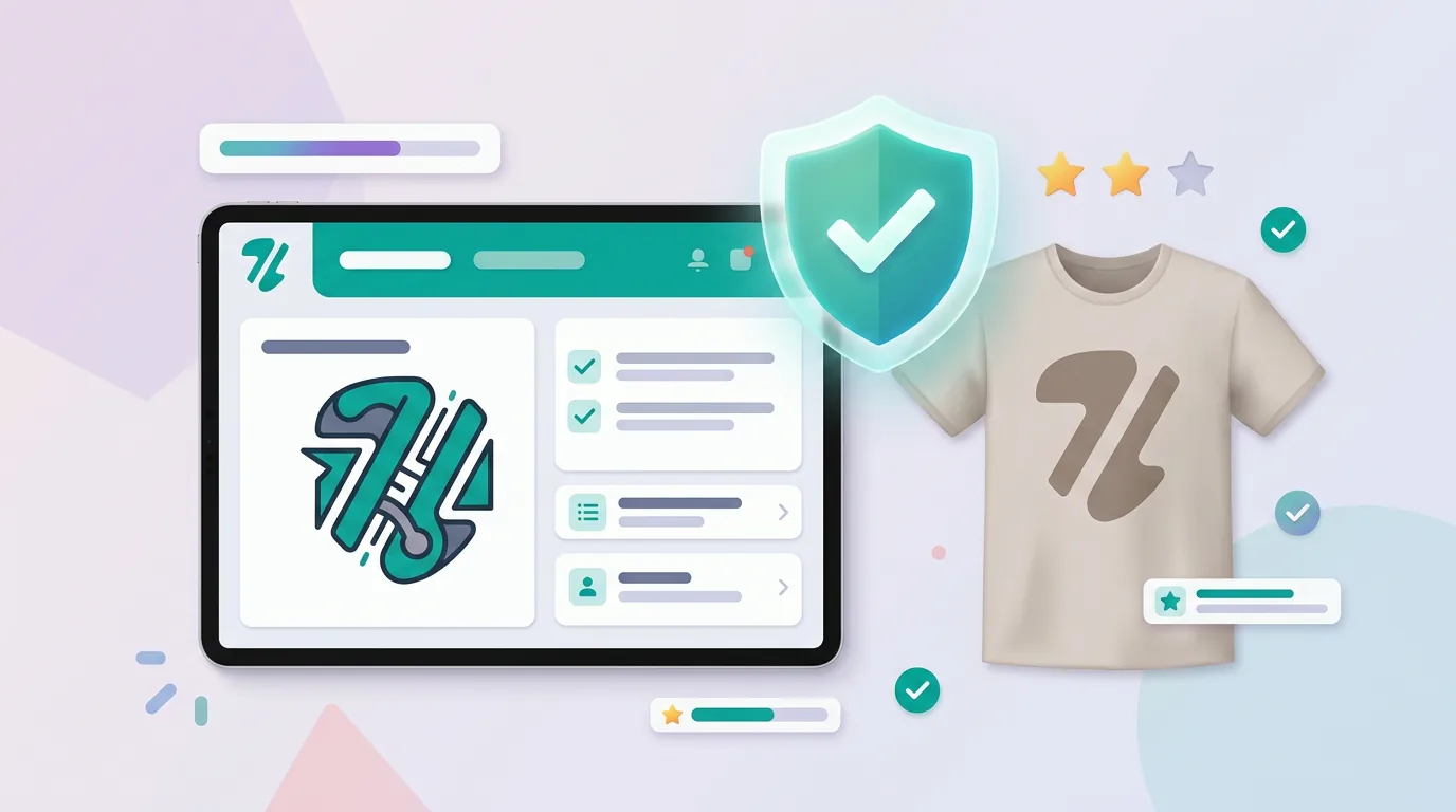 A digital tablet and t-shirt mockup representing an Etsy POD commercial use audit.