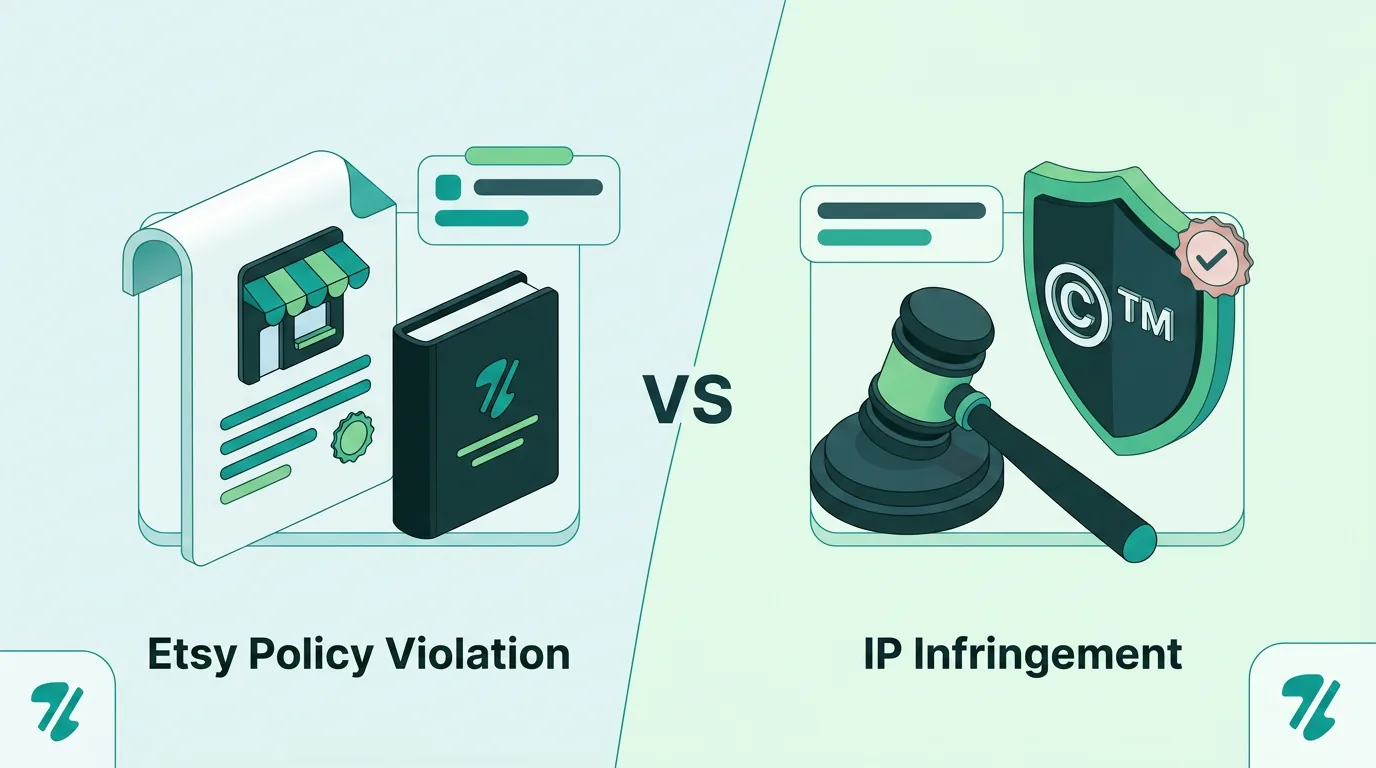 Split concept showing an Etsy policy rulebook on one side and a legal intellectual property shield on the other
