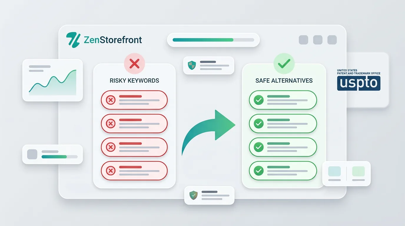 A visual representation of risky brand keywords transforming into safe descriptive Etsy tags.