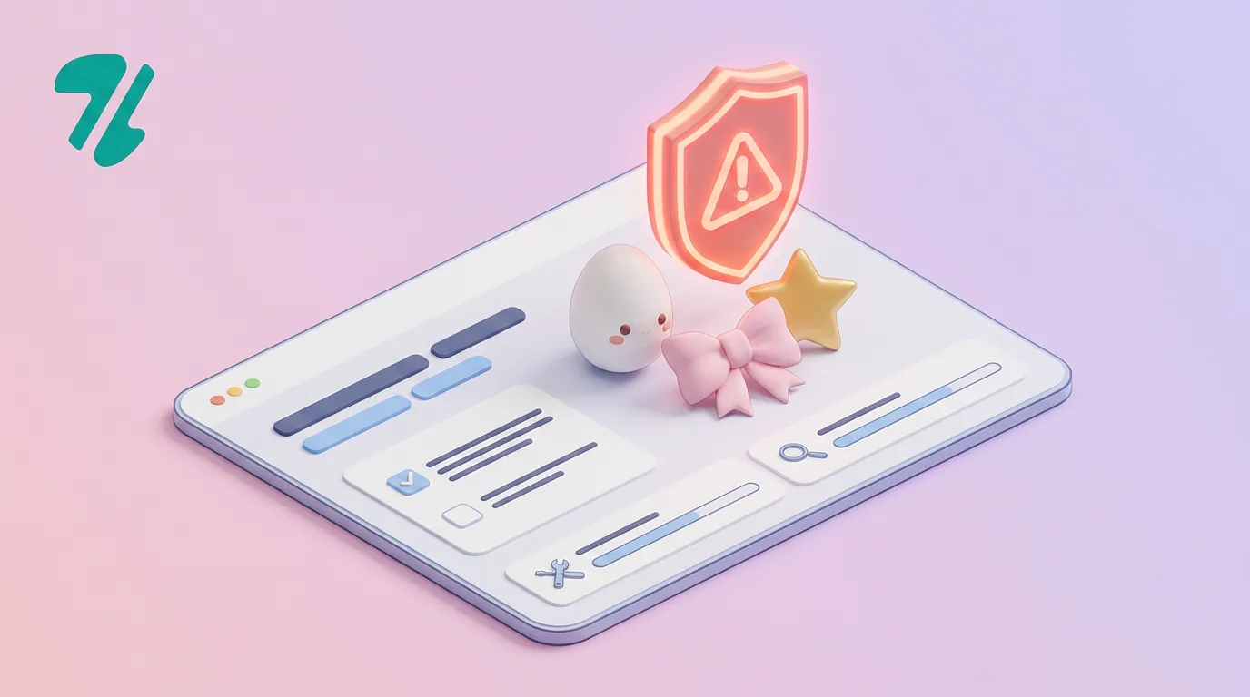 A glowing warning shield protecting pastel kawaii items from intellectual property strikes