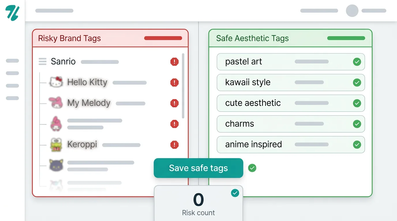 A split-screen comparison showing risky brand tags being replaced by safe generic aesthetic tags