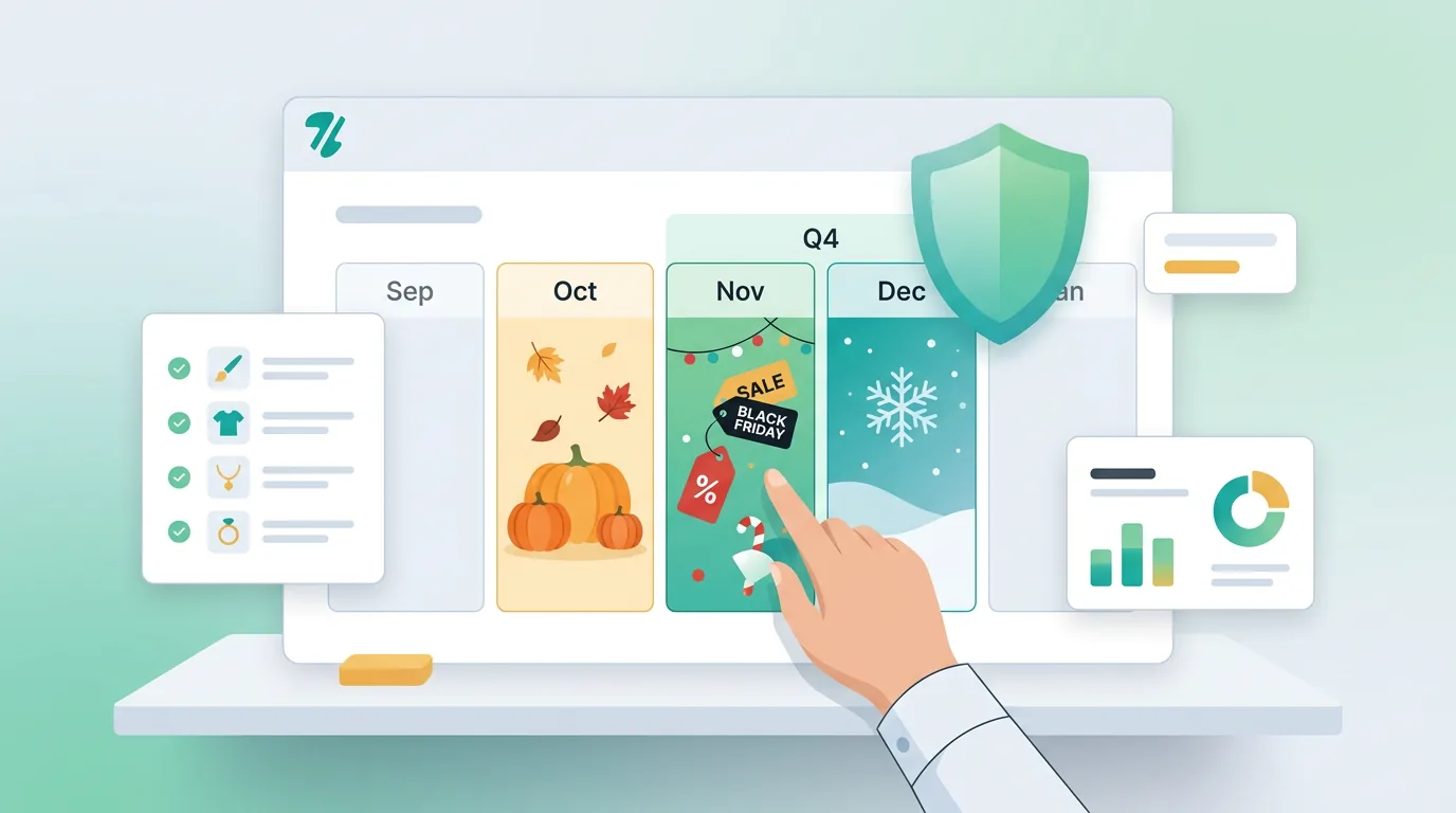 A digital calendar with a protective shield illustrating an Etsy seasonal IP risk calendar