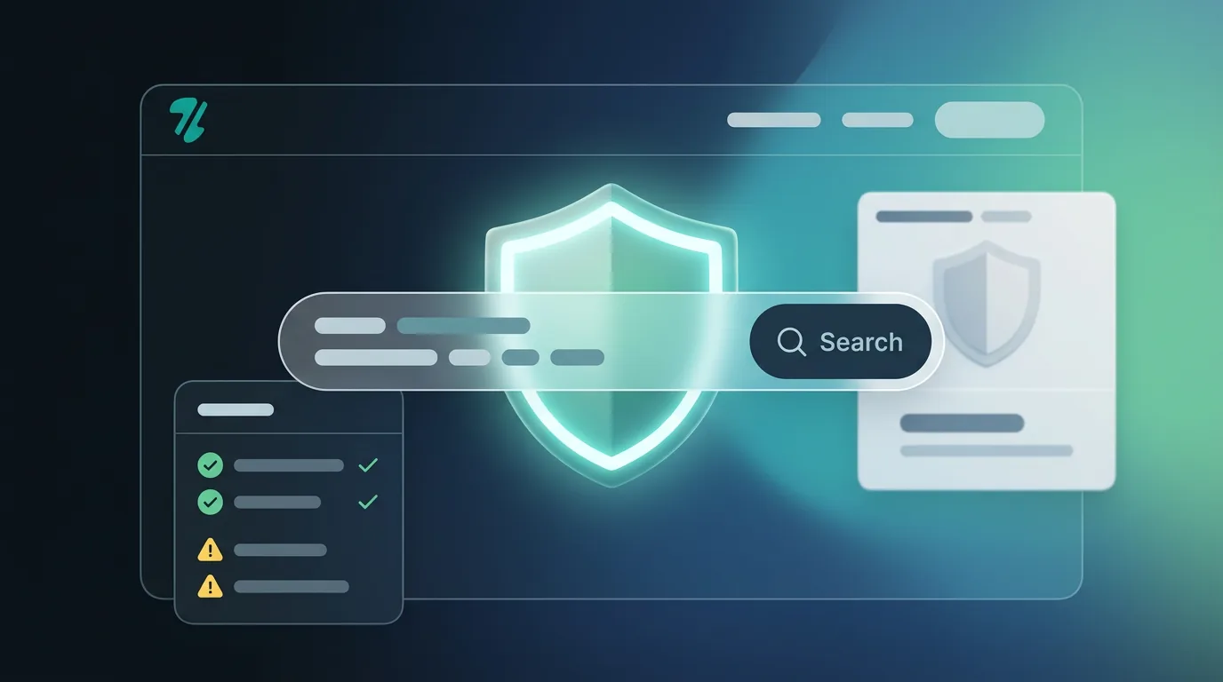 A stylized search bar overlaying a glowing shield icon representing Etsy shop name trademark clearance
